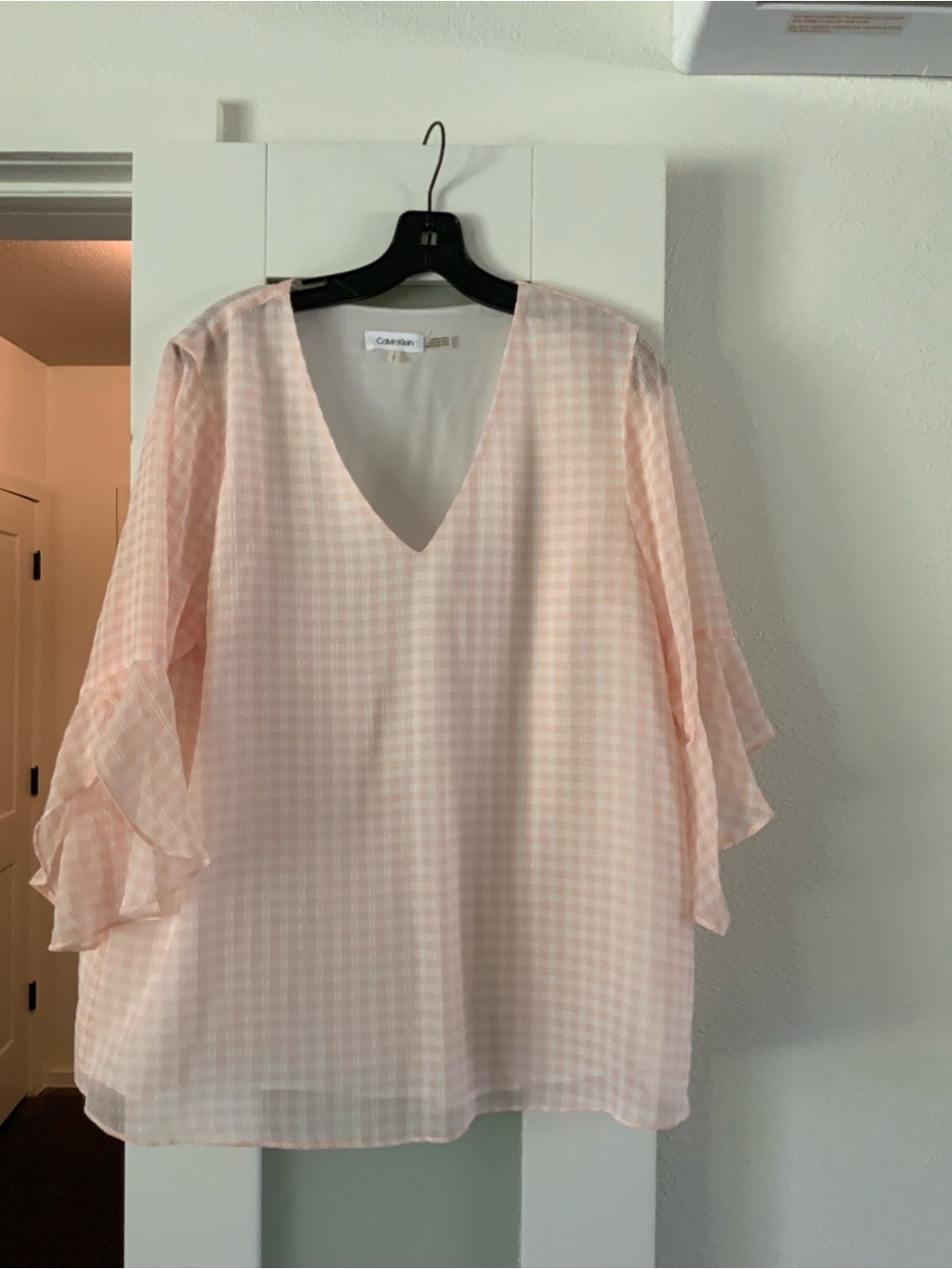 Calvin Klein Light Pink Gingham V-Neck Blouse